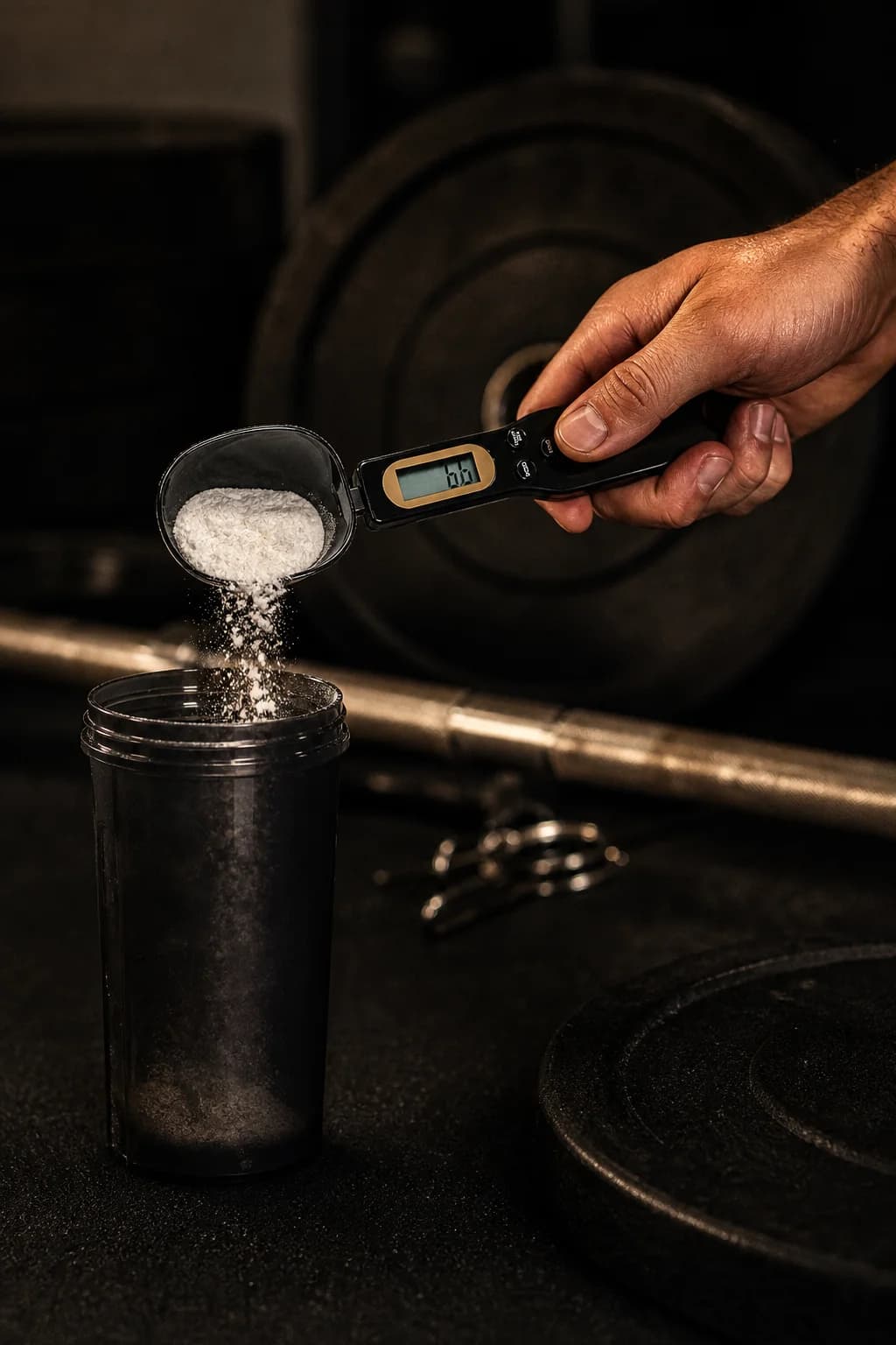 Athlete pouring powder from the digital scoop scale into a shaker in the gym